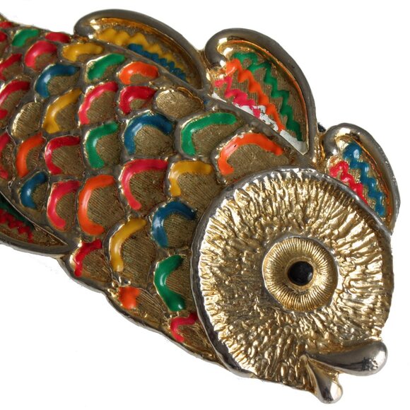 Mimi D In Koi Fish Belt Buckle Gold Metal Enamel Oversized Rare Vintage - Picture 3 of 11